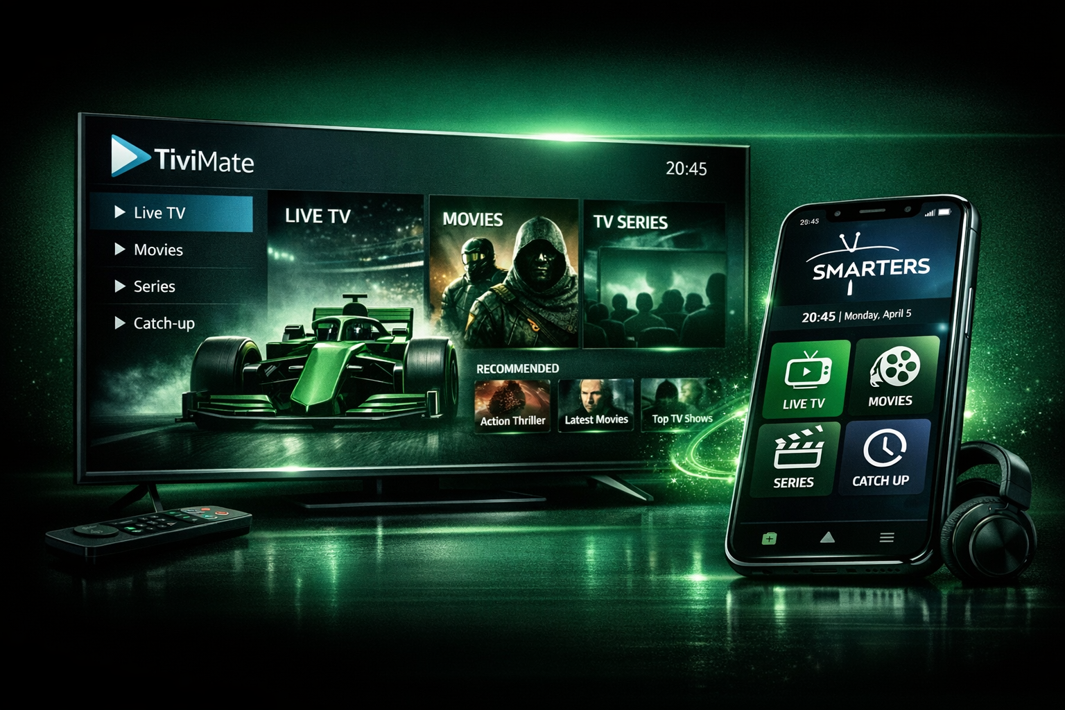 TiviMate IPTV and Smarters IPTV apps showing IPTV UK channels on TV and mobile